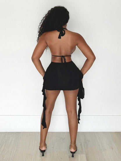 Alexandranx Women's Summer Y2K Western Wear Hot Girl Vacation Outfits Halter Backless Black Mini Dress