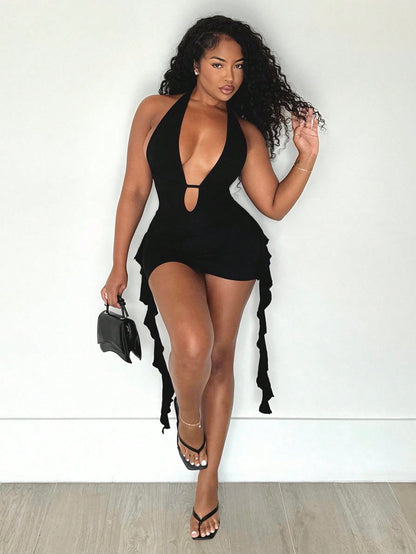 Alexandranx Women's Summer Y2K Western Wear Hot Girl Vacation Outfits Halter Backless Black Mini Dress