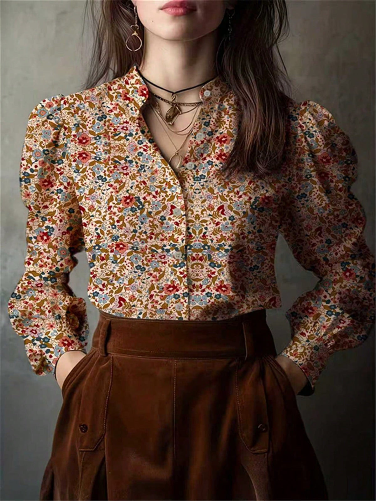 Allover Tiny Ditsy Floral Button Front Petal Sleeve Shirt Vacation Spring