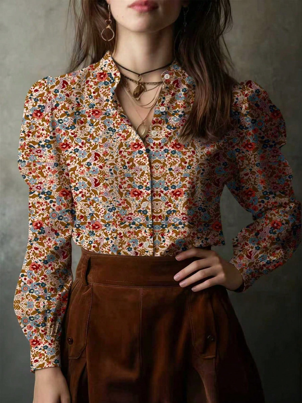 Allover Tiny Ditsy Floral Button Front Petal Sleeve Shirt Vacation Spring
