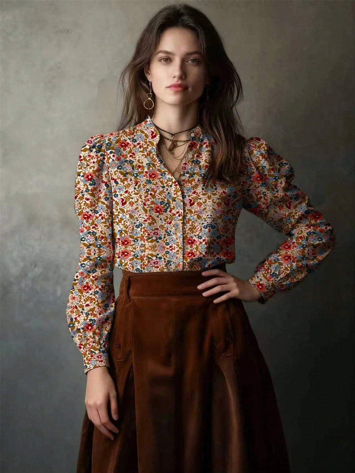 Allover Tiny Ditsy Floral Button Front Petal Sleeve Shirt Vacation Spring