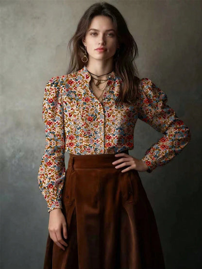 Allover Tiny Ditsy Floral Button Front Petal Sleeve Shirt Vacation Spring