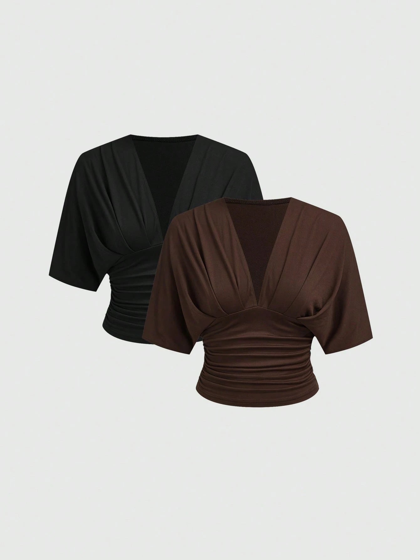 Aloruh 2pcs/Set Casual Elegant Deep V Pleated Short Sleeve Top,Slim Fit V-Neck T-Shirt,Plus Size Brown Black,Autumn,Formal,Evening,Night Out Club