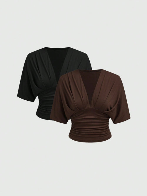 Aloruh 2pcs/Set Casual Elegant Deep V Pleated Short Sleeve Top,Slim Fit V-Neck T-Shirt,Plus Size Brown Black,Autumn,Formal,Evening,Night Out Club