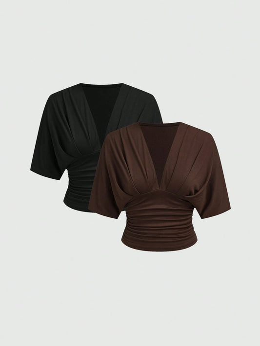 Aloruh 2pcs/Set Casual Elegant Deep V Pleated Short Sleeve Top,Slim Fit V-Neck T-Shirt,Plus Size Brown Black,Autumn,Formal,Evening,Night Out Club