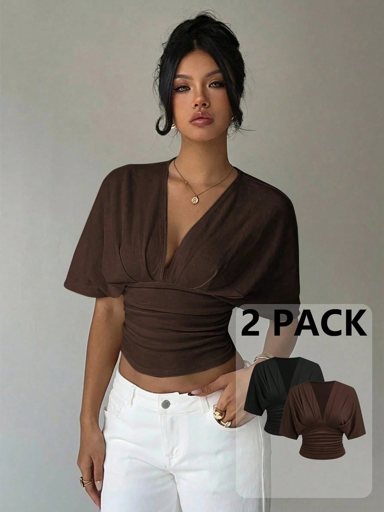 Aloruh 2pcs/Set Casual Elegant Deep V Pleated Short Sleeve Top,Slim Fit V-Neck T-Shirt,Plus Size Brown Black,Autumn,Formal,Evening,Night Out Club