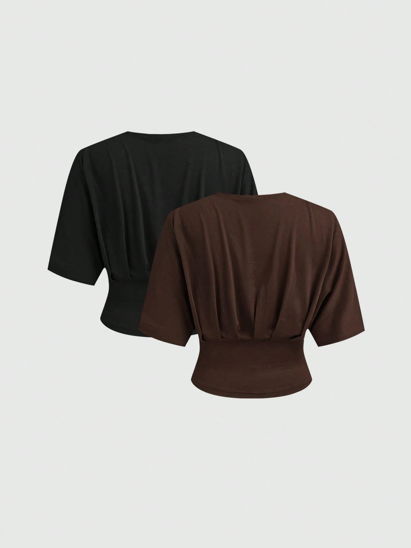 Aloruh 2pcs/Set Casual Elegant Deep V Pleated Short Sleeve Top,Slim Fit V-Neck T-Shirt,Plus Size Brown Black,Autumn,Formal,Evening,Night Out Club