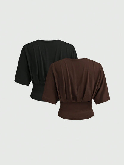 Aloruh 2pcs/Set Casual Elegant Deep V Pleated Short Sleeve Top,Slim Fit V-Neck T-Shirt,Plus Size Brown Black,Autumn,Formal,Evening,Night Out Club