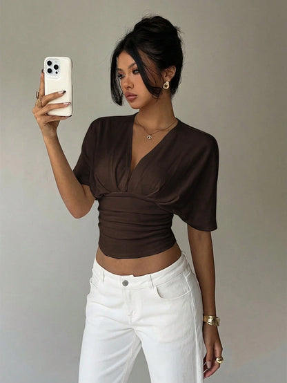 Aloruh 2pcs/Set Casual Elegant Deep V Pleated Short Sleeve Top,Slim Fit V-Neck T-Shirt,Plus Size Brown Black,Autumn,Formal,Evening,Night Out Club