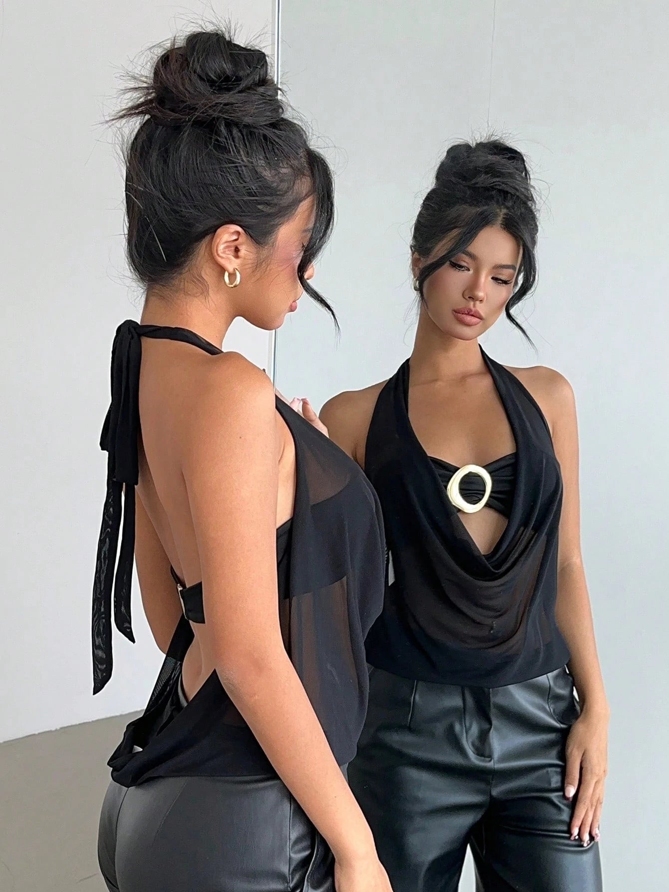 Aloruh New Sexy Draped Neck Backless Metallic Decor Semi-Sheer Modern Top, Rave Top Summer Night Out Club Party Black