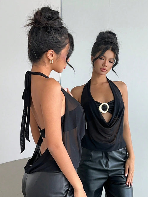 Aloruh New Sexy Draped Neck Backless Metallic Decor Semi-Sheer Modern Top, Rave Top Summer Night Out Club Party Black