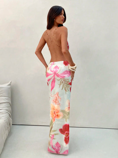 Aloruh Sexy Floral Print Backless Dress, Summer,Summer Dresses For Women