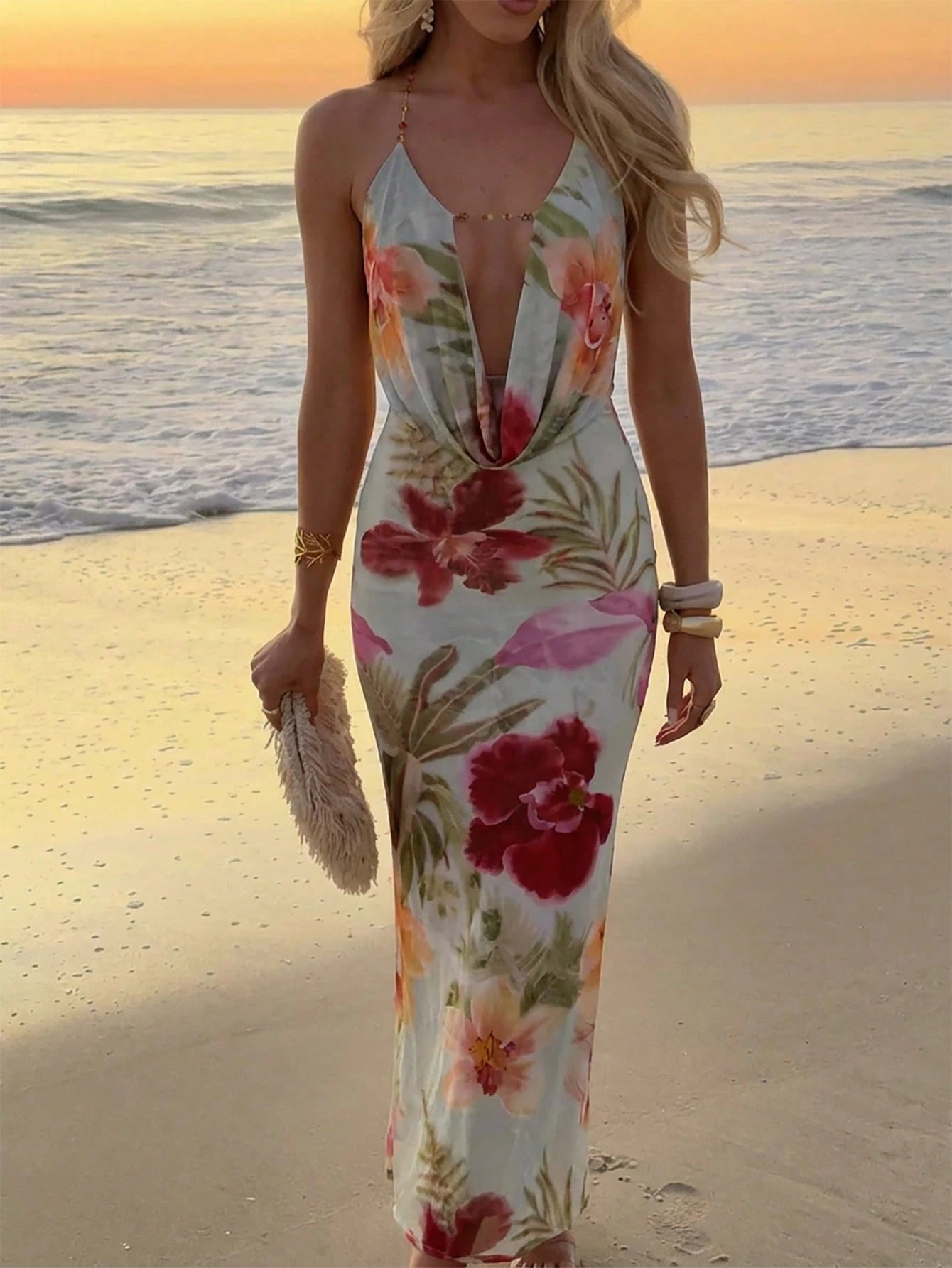 Aloruh Sexy Floral Print Backless Dress, Summer,Summer Dresses For Women