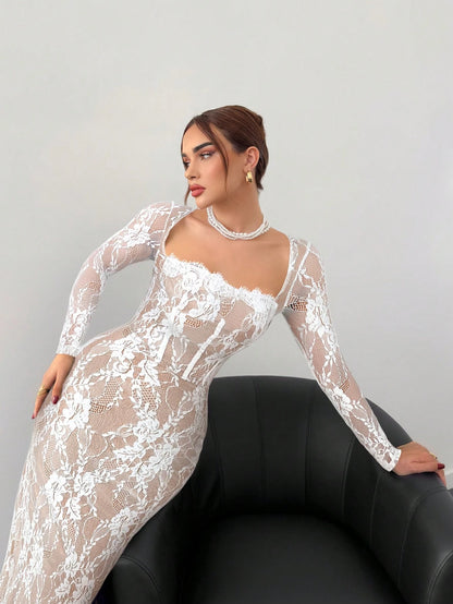 Aloruh Women's Beige Autumn Elegant Wedding Guest Lace Long Sleeve Cupped Bustier Tight Fitting Floor Length Bodycon Dress,Party Date Night Occasion
