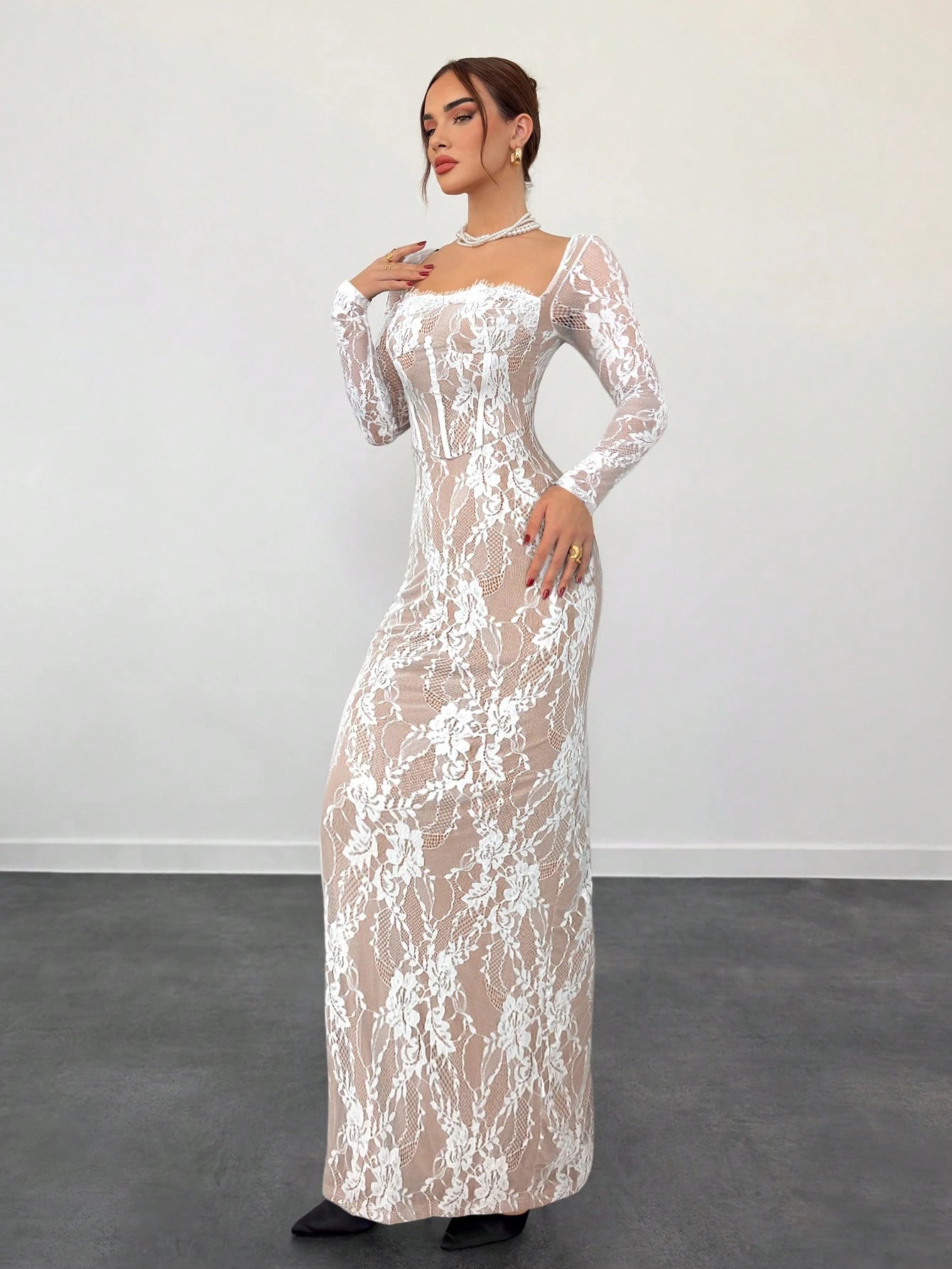 Aloruh Women's Beige Autumn Elegant Wedding Guest Lace Long Sleeve Cupped Bustier Tight Fitting Floor Length Bodycon Dress,Party Date Night Occasion