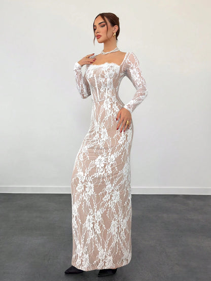 Aloruh Women's Beige Autumn Elegant Wedding Guest Lace Long Sleeve Cupped Bustier Tight Fitting Floor Length Bodycon Dress,Party Date Night Occasion