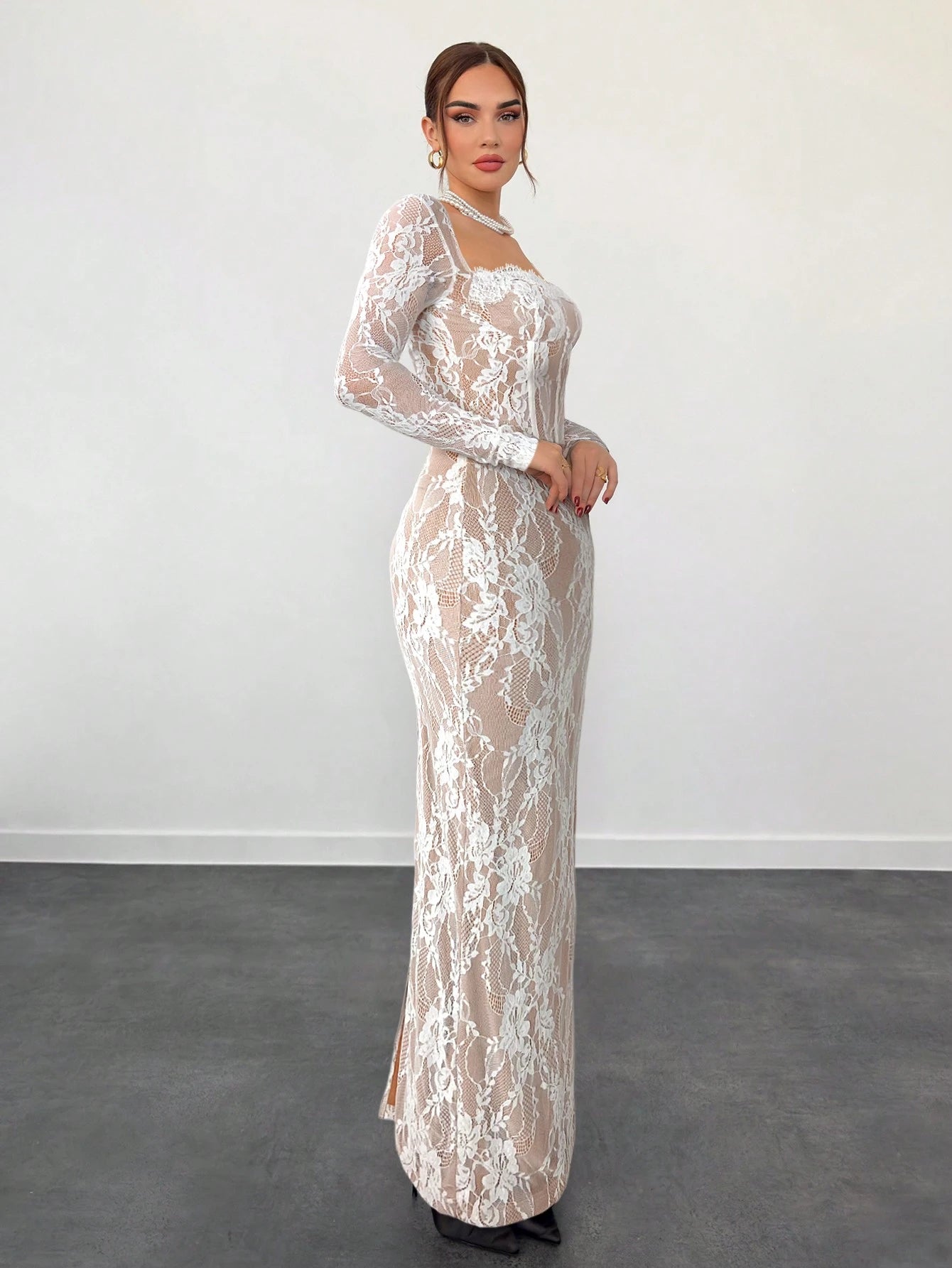 Aloruh Women's Beige Autumn Elegant Wedding Guest Lace Long Sleeve Cupped Bustier Tight Fitting Floor Length Bodycon Dress,Party Date Night Occasion