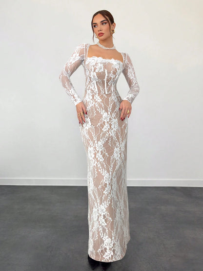 Aloruh Women's Beige Autumn Elegant Wedding Guest Lace Long Sleeve Cupped Bustier Tight Fitting Floor Length Bodycon Dress,Party Date Night Occasion