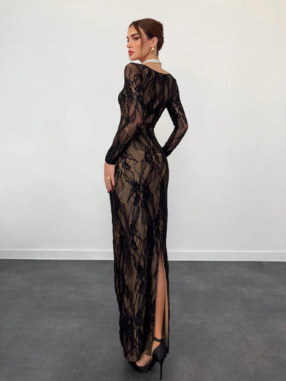 Aloruh Women's Beige Autumn Elegant Wedding Guest Lace Long Sleeve Cupped Bustier Tight Fitting Floor Length Bodycon Dress,Party Date Night Occasion