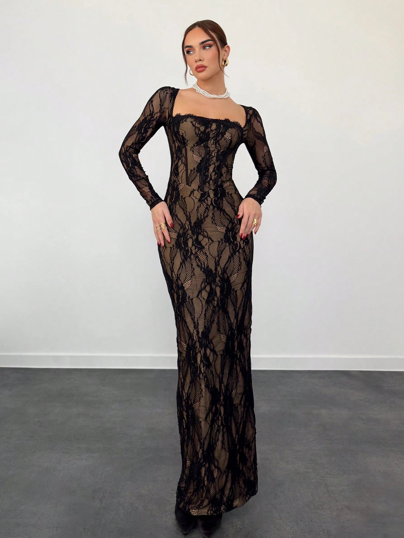 Aloruh Women's Beige Autumn Elegant Wedding Guest Lace Long Sleeve Cupped Bustier Tight Fitting Floor Length Bodycon Dress,Party Date Night Occasion