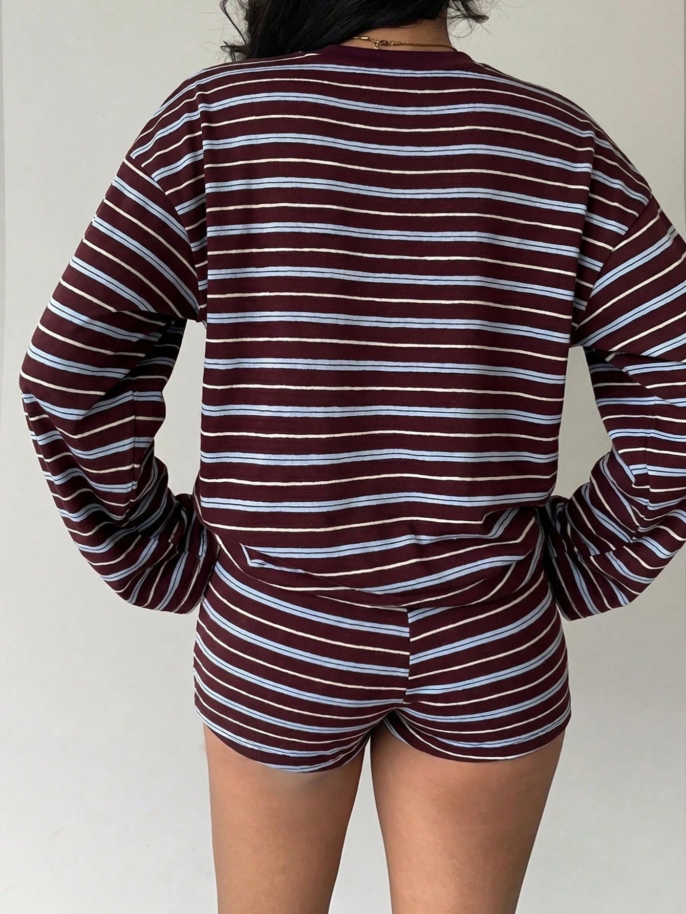 Aloruh Women's Casual Blue And White Stripe Top And Shorts 2 Pieces Set Lounge Autumn Back-To-School Daytime