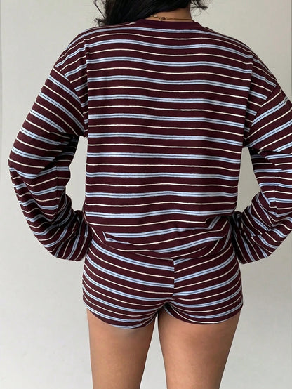 Aloruh Women's Casual Blue And White Stripe Top And Shorts 2 Pieces Set Lounge Autumn Back-To-School Daytime