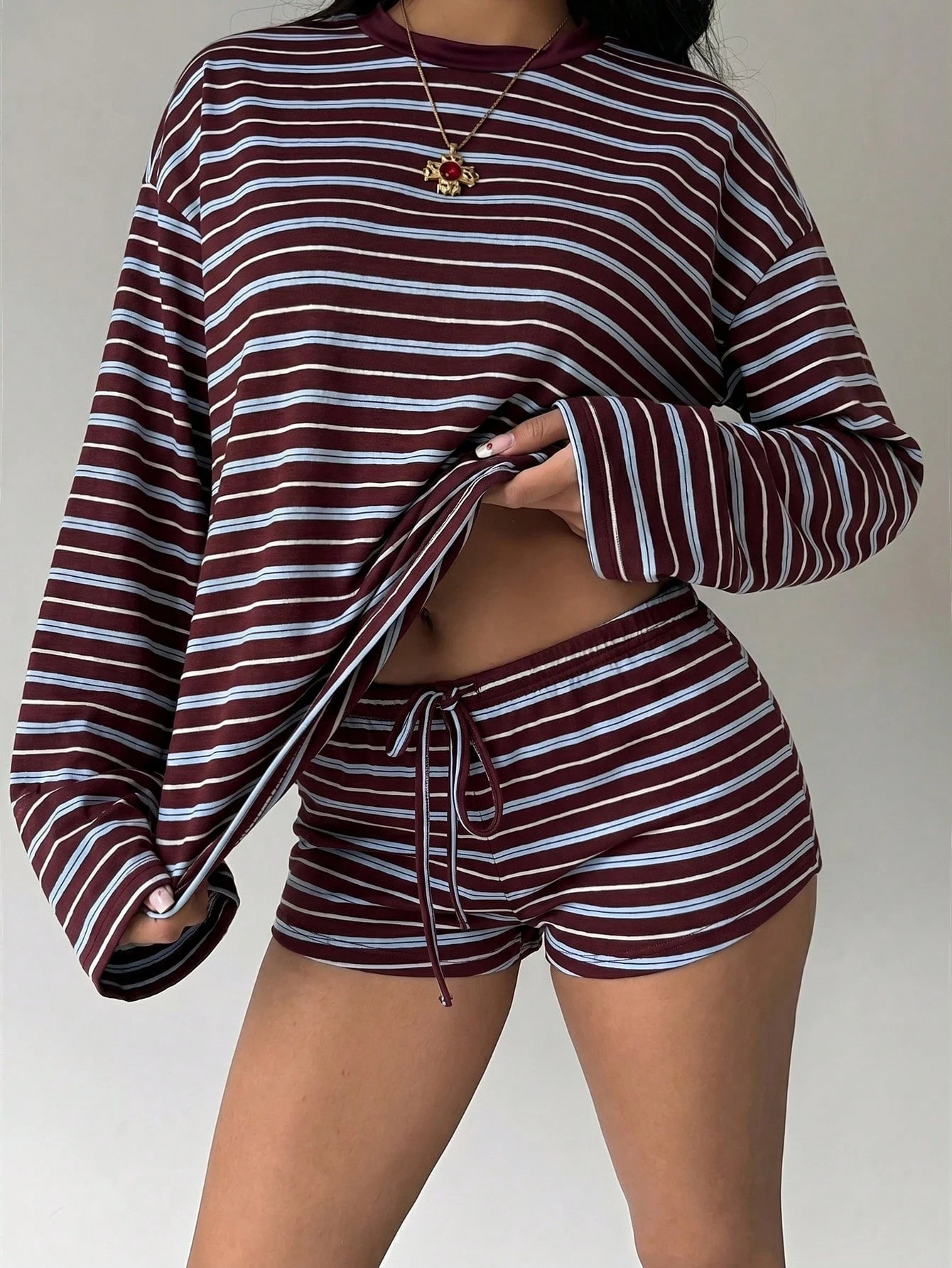 Aloruh Women's Casual Blue And White Stripe Top And Shorts 2 Pieces Set Lounge Autumn Back-To-School Daytime