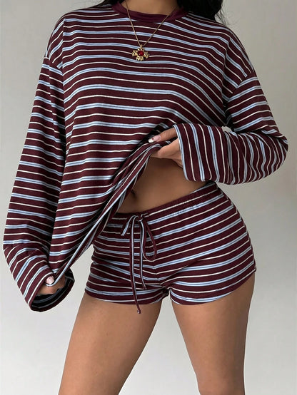 Aloruh Women's Casual Blue And White Stripe Top And Shorts 2 Pieces Set Lounge Autumn Back-To-School Daytime