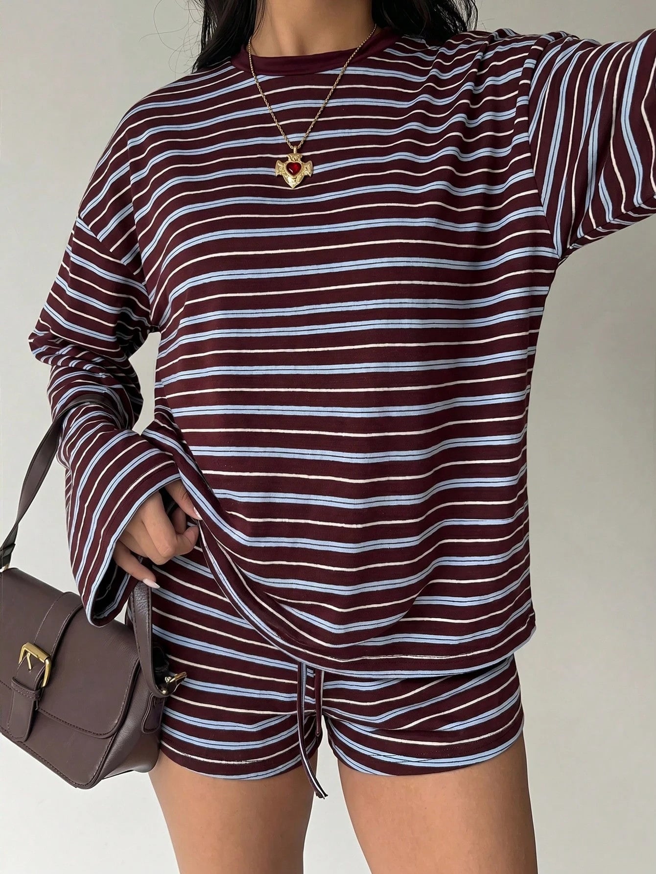 Aloruh Women's Casual Blue And White Stripe Top And Shorts 2 Pieces Set Lounge Autumn Back-To-School Daytime