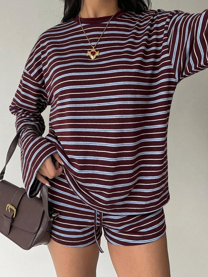 Aloruh Women's Casual Blue And White Stripe Top And Shorts 2 Pieces Set Lounge Autumn Back-To-School Daytime