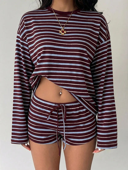 Aloruh Women's Casual Blue And White Stripe Top And Shorts 2 Pieces Set Lounge Autumn Back-To-School Daytime