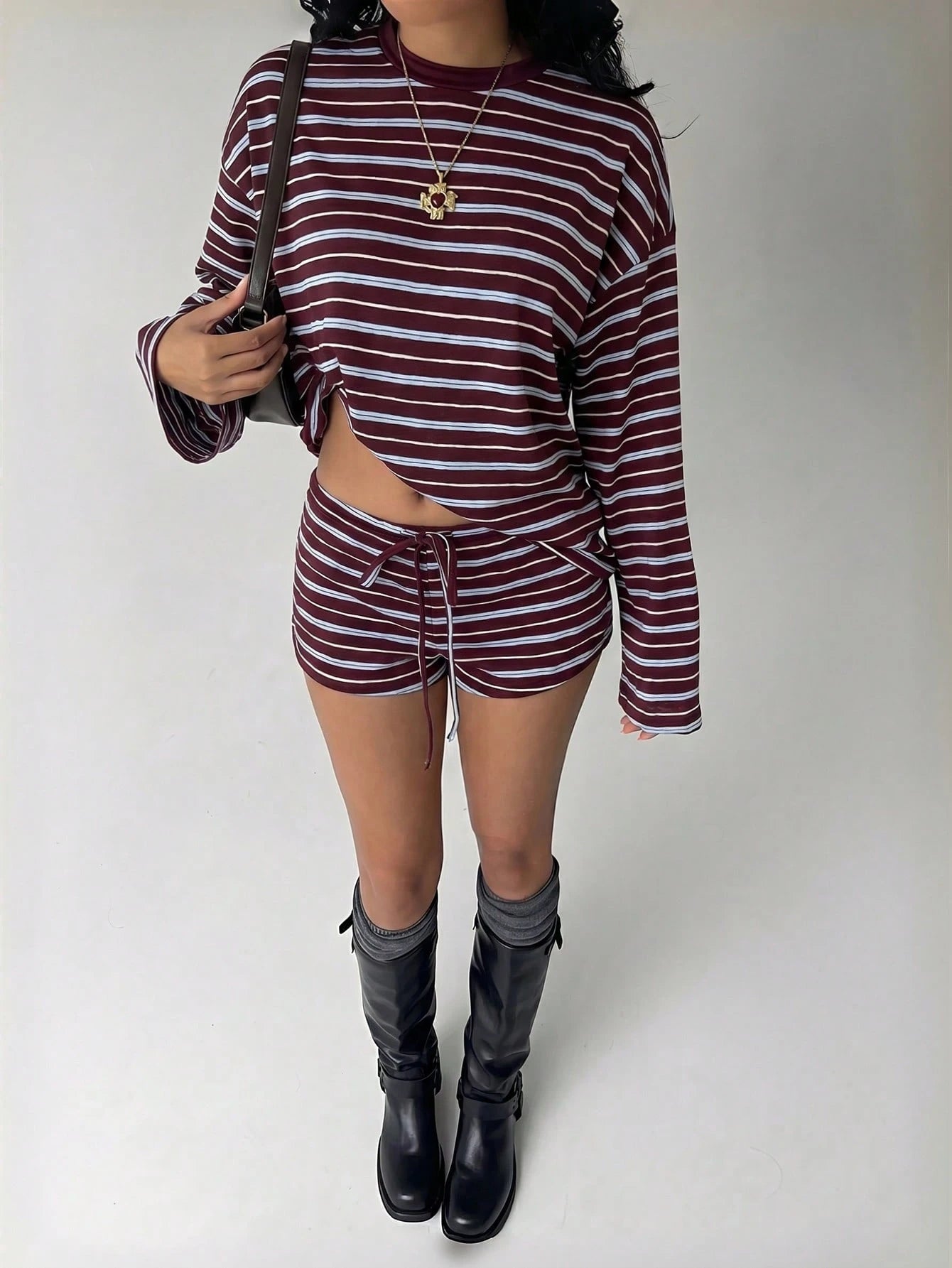 Aloruh Women's Casual Blue And White Stripe Top And Shorts 2 Pieces Set Lounge Autumn Back-To-School Daytime