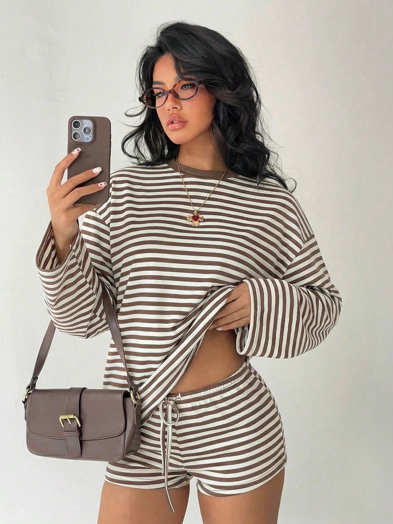 Aloruh Women's Casual Blue And White Stripe Top And Shorts 2 Pieces Set Lounge Autumn Back-To-School Daytime