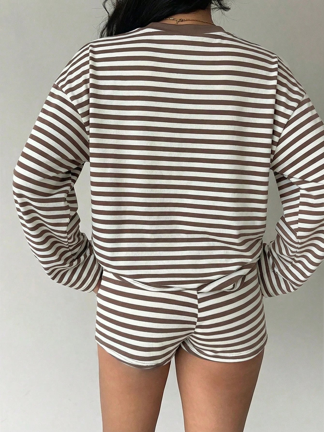 Aloruh Women's Casual Blue And White Stripe Top And Shorts 2 Pieces Set Lounge Autumn Back-To-School Daytime