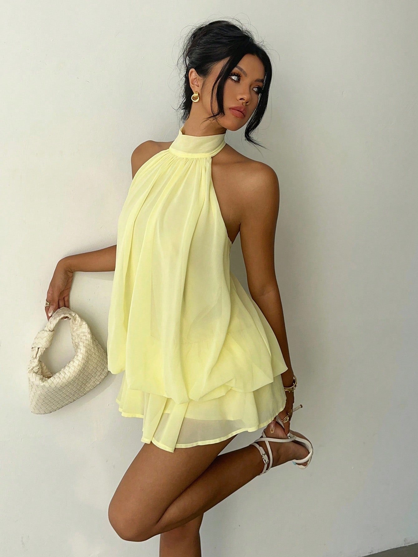 Aloruh Women's Chiffon Elegant Pale Yellow Halter Tie Mini Dress,Summer Vacation Night Out Sun Dress,Wedding Guest Party Birthday Honeymoon Outfits