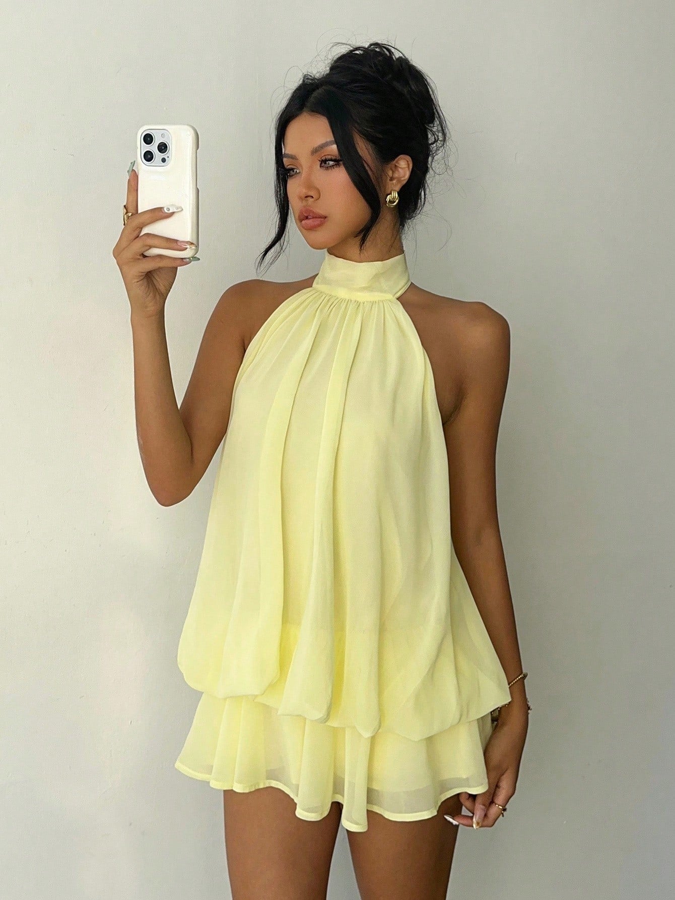 Aloruh Women's Chiffon Elegant Pale Yellow Halter Tie Mini Dress,Summer Vacation Night Out Sun Dress,Wedding Guest Party Birthday Honeymoon Outfits