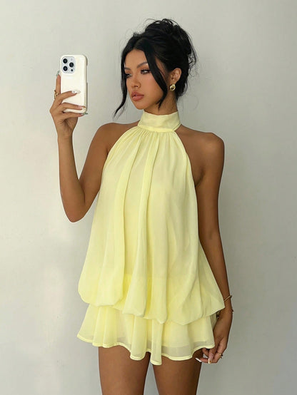 Aloruh Women's Chiffon Elegant Pale Yellow Halter Tie Mini Dress,Summer Vacation Night Out Sun Dress,Wedding Guest Party Birthday Honeymoon Outfits