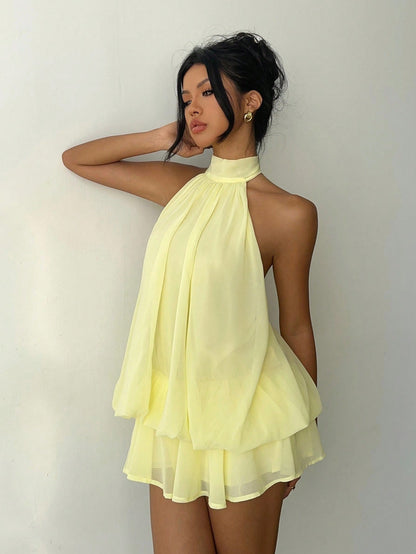 Aloruh Women's Chiffon Elegant Pale Yellow Halter Tie Mini Dress,Summer Vacation Night Out Sun Dress,Wedding Guest Party Birthday Honeymoon Outfits
