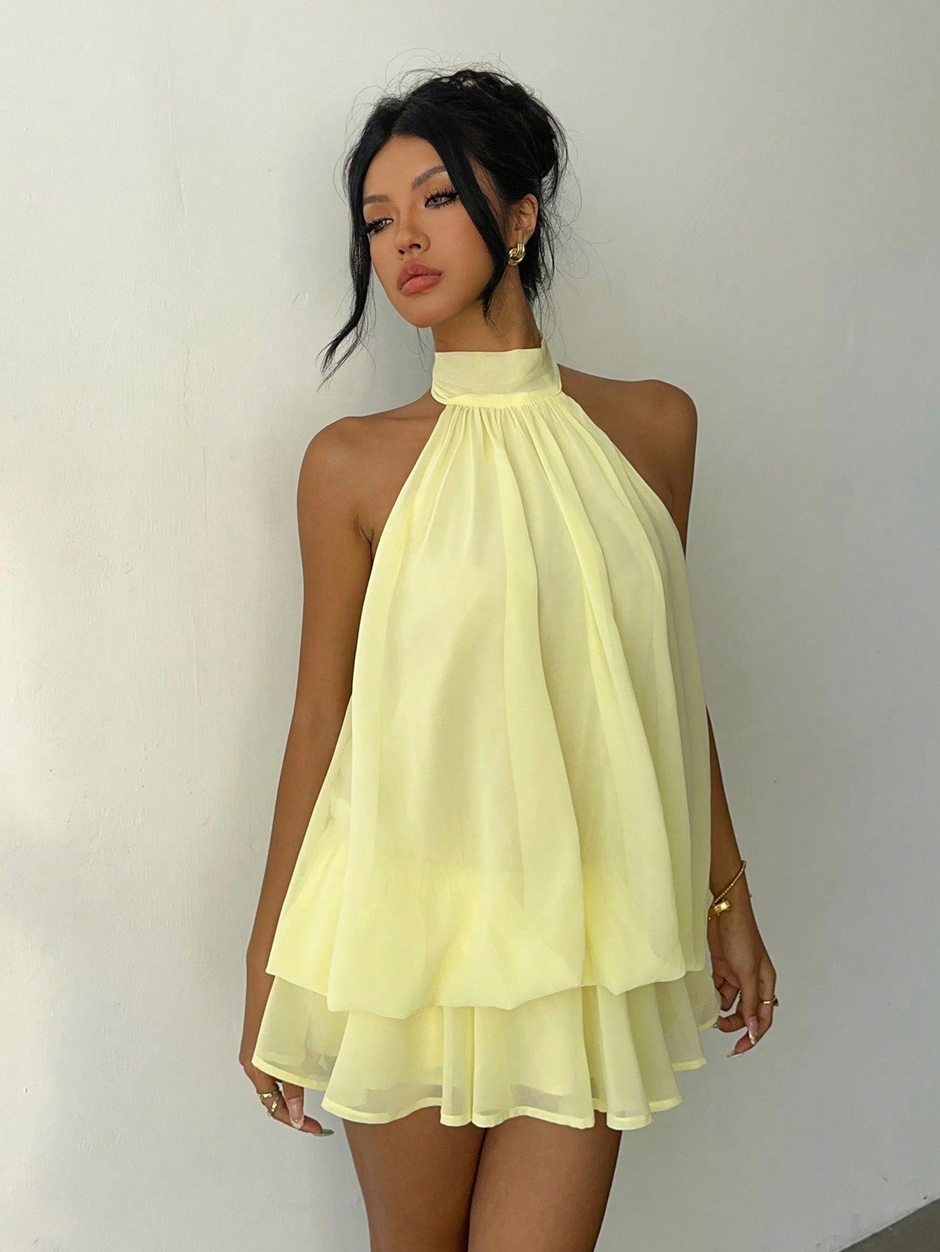 Aloruh Women's Chiffon Elegant Pale Yellow Halter Tie Mini Dress,Summer Vacation Night Out Sun Dress,Wedding Guest Party Birthday Honeymoon Outfits