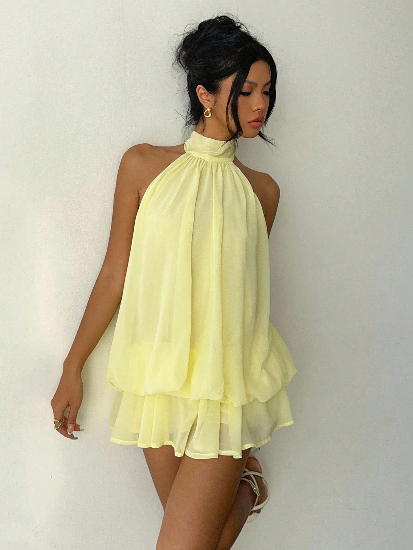 Aloruh Women's Chiffon Elegant Pale Yellow Halter Tie Mini Dress,Summer Vacation Night Out Sun Dress,Wedding Guest Party Birthday Honeymoon Outfits