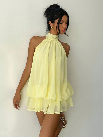 Aloruh Women's Chiffon Elegant Pale Yellow Halter Tie Mini Dress,Summer Vacation Night Out Sun Dress,Wedding Guest Party Birthday Honeymoon Outfits