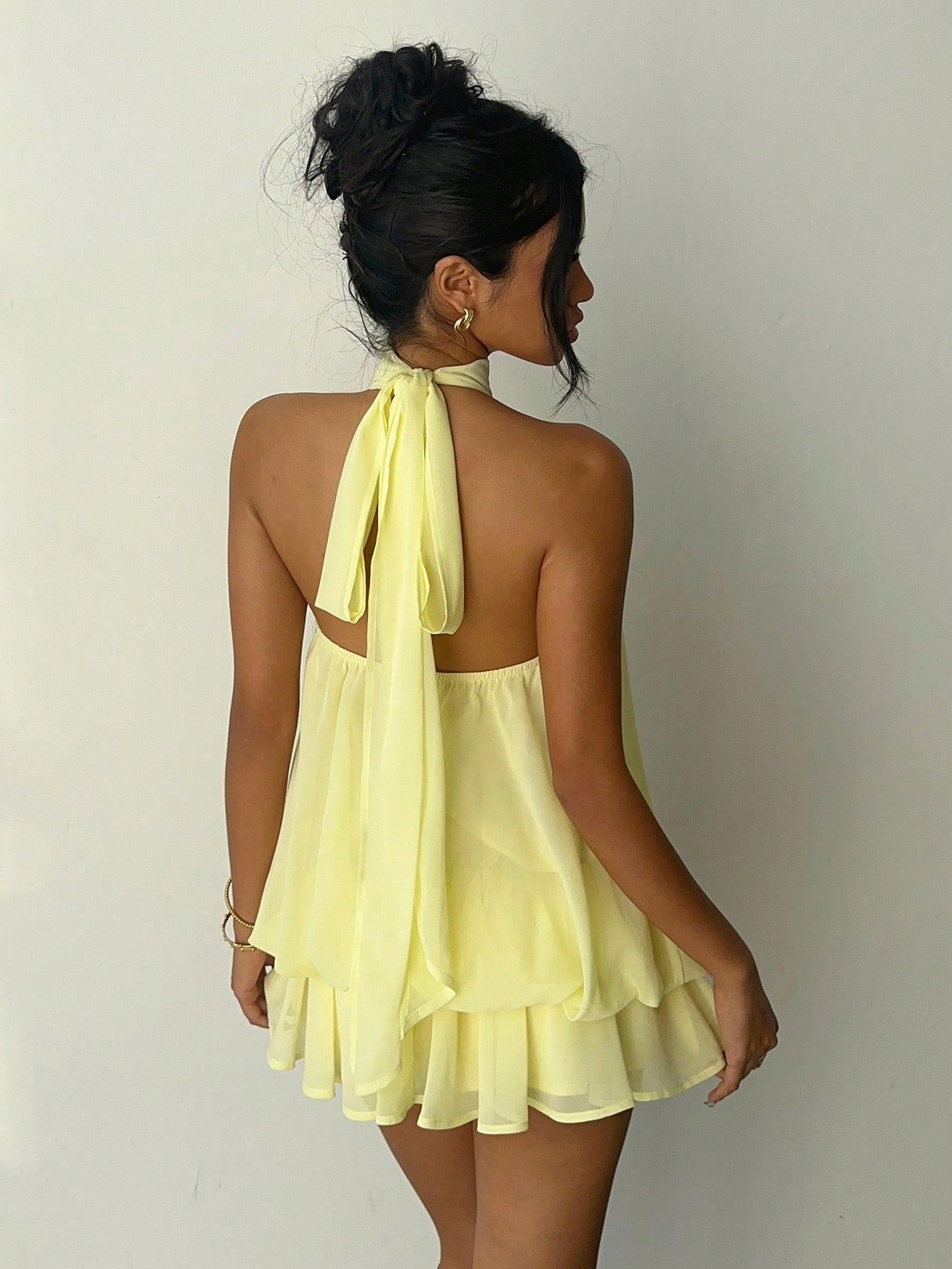 Aloruh Women's Chiffon Elegant Pale Yellow Halter Tie Mini Dress,Summer Vacation Night Out Sun Dress,Wedding Guest Party Birthday Honeymoon Outfits