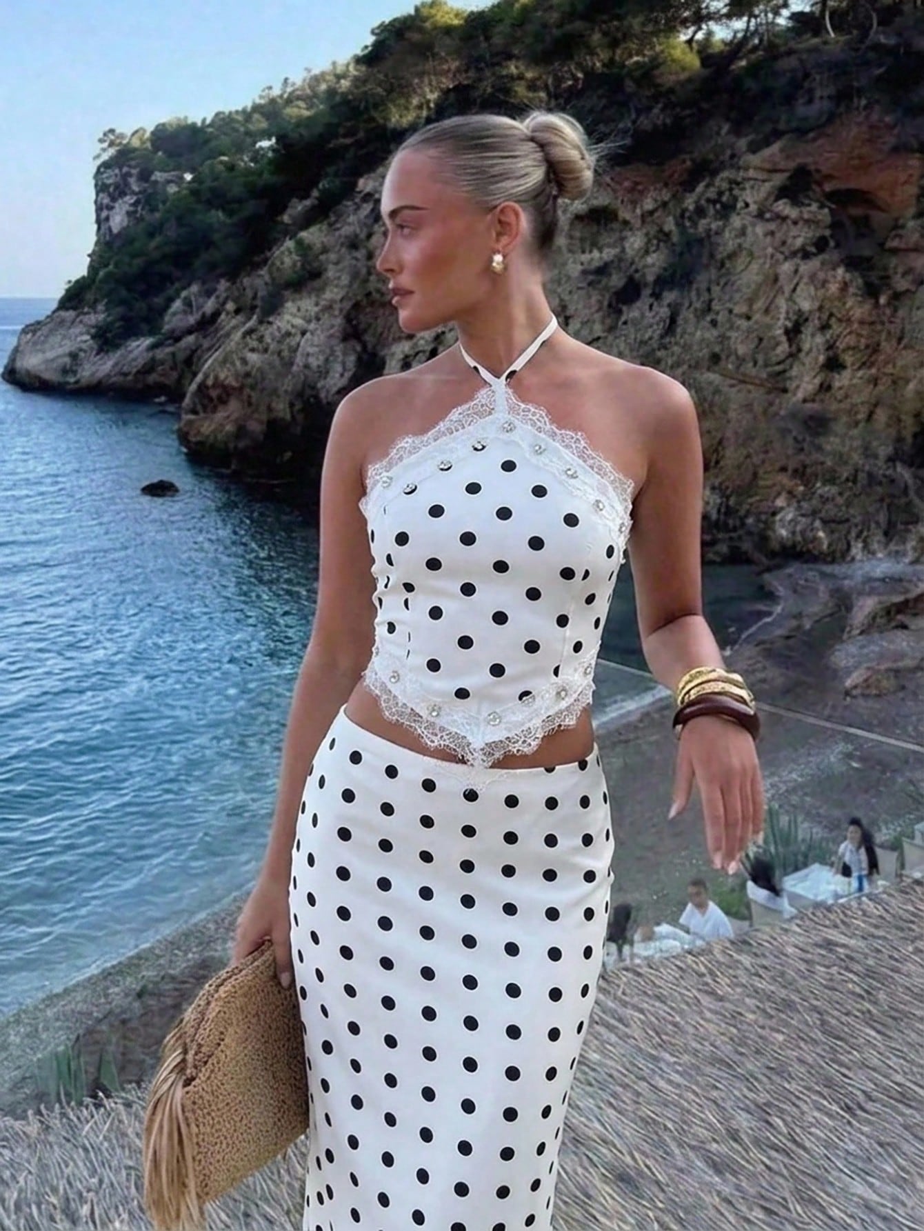 Aloruh Women's Contrast Lace Polka Dot Print Halter Neck Tank Top And Skirt Vacation Casual Two Pieces Set