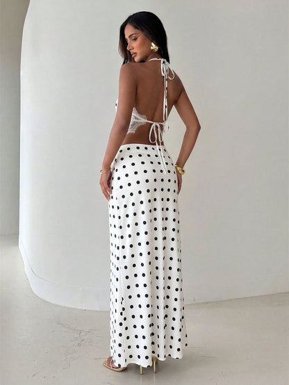 Aloruh Women's Contrast Lace Polka Dot Print Halter Neck Tank Top And Skirt Vacation Casual Two Pieces Set