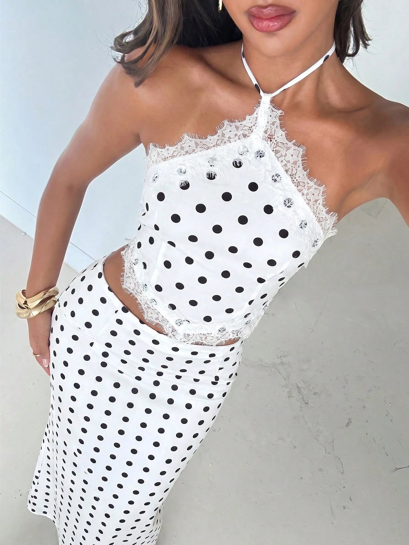 Aloruh Women's Contrast Lace Polka Dot Print Halter Neck Tank Top And Skirt Vacation Casual Two Pieces Set