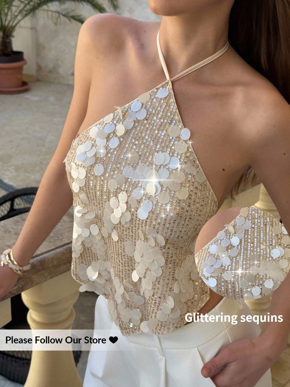 Aloruh Women's Cream Sequin Backless Halter Top, 70s Party Club Night Out Summer Beach Boho Sexy Tropical Concert Rave Festival Nashville Western Wear