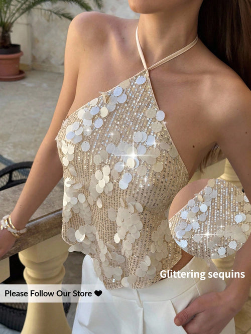 Aloruh Women's Cream Sequin Backless Halter Top, 70s Party Club Night Out Summer Beach Boho Sexy Tropical Concert Rave Festival Nashville Western Wear