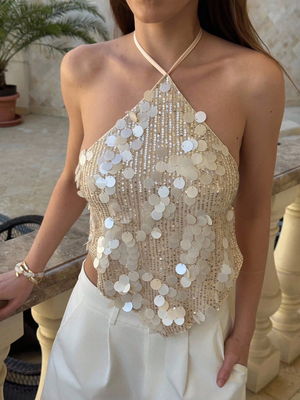 Aloruh Women's Cream Sequin Backless Halter Top, 70s Party Club Night Out Summer Beach Boho Sexy Tropical Concert Rave Festival Nashville Western Wear