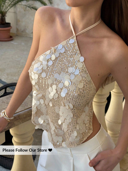 Aloruh Women's Cream Sequin Backless Halter Top, 70s Party Club Night Out Summer Beach Boho Sexy Tropical Concert Rave Festival Nashville Western Wear