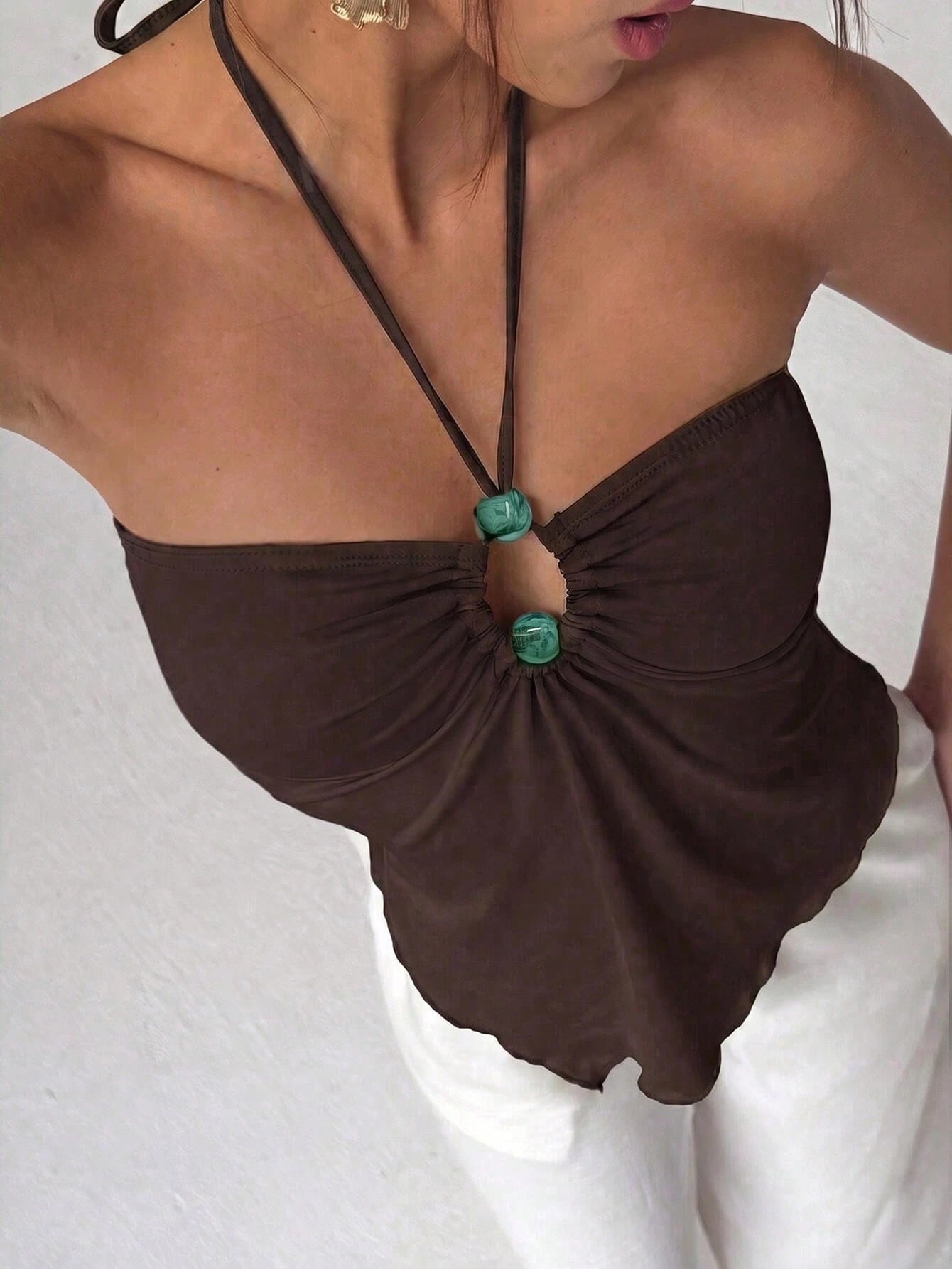 Aloruh Women's Dark Brown Summer,Seksi Chic,Beach Vacation Boho Tropical Halter Neck Backless Tank Top,Beaded Hollow Asymmetrical Hem Strapless Elegant Tops